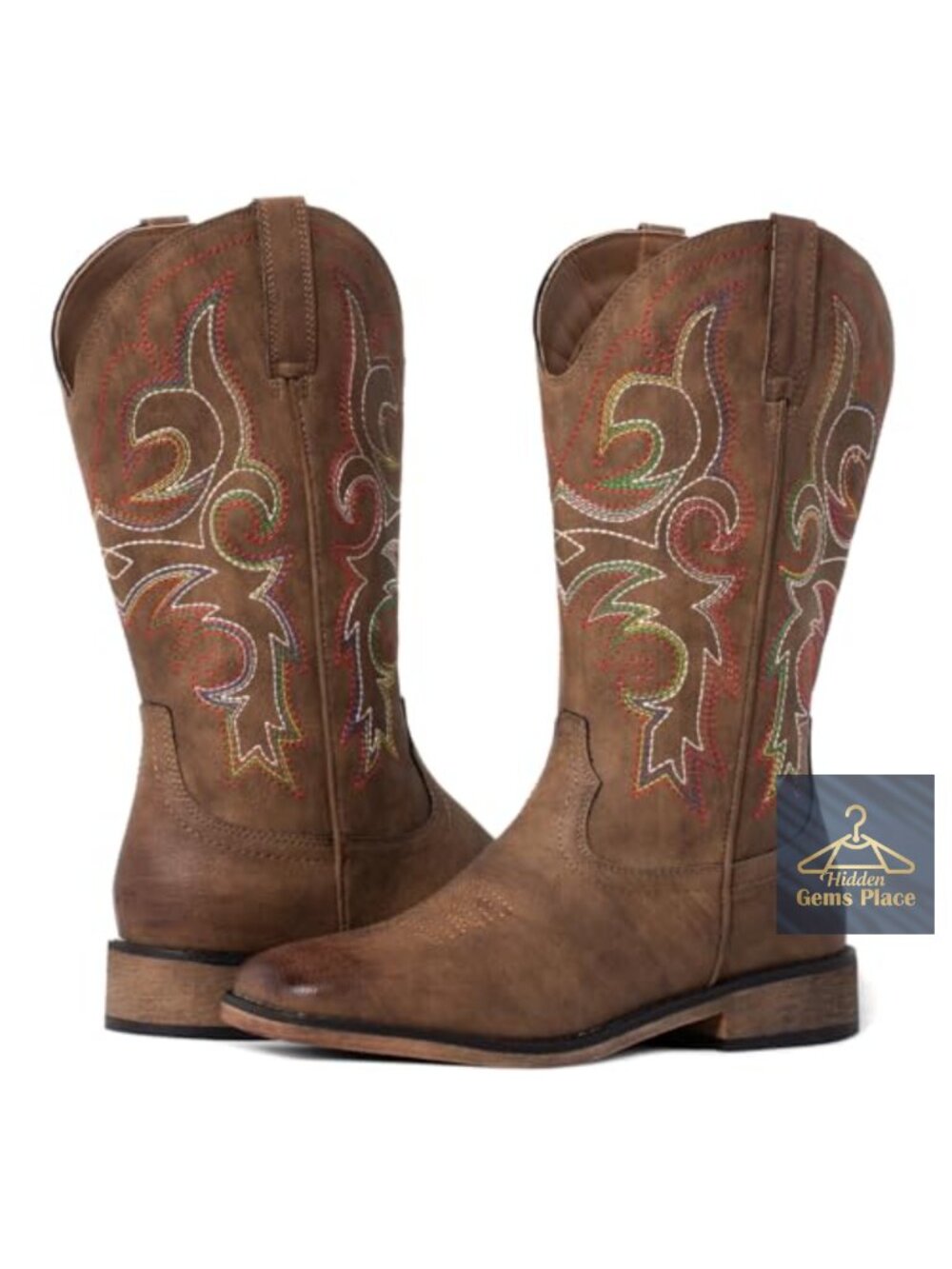 Women's Square Toe Western Cowgirl Boots Mid-Calf Faux Leather Embroidered